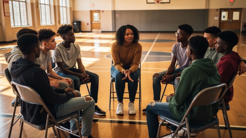 Black teens sitting in a conflict resolution circle with a Black female moderator facilitating